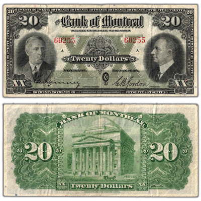 Bank of Montreal 1938 twenty dollar chartered note, catalog 505-62-06, serial number 60255, stacked view showing both front and back sides, graded Very Fine to Extra Fine condition.