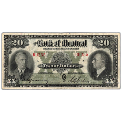 Front view of Bank of Montreal 1938 twenty dollar chartered banknote, issue number 505-62-06, serial number 60255, grading VF/EF.