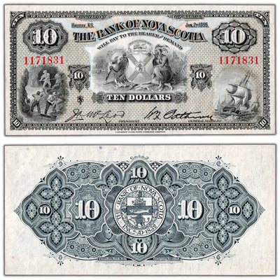 Bank of Nova Scotia 1935 ten dollar chartered note, catalog 550-36-04, serial number 1171831, stacked view showing both front and back sides, graded Extremely Fine to About Uncirculated condition.