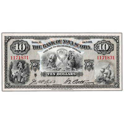 Front view of Bank of Nova Scotia 1935 ten dollar chartered banknote, issue number 550-36-04, serial number 1171831, grading EF/AU.