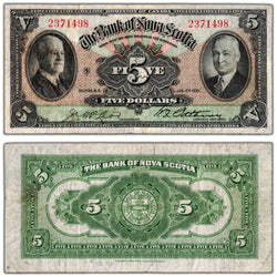 Bank of Nova Scotia 1935 five dollar chartered note, catalog 550-36-02, serial number 2371498, stacked view showing both front and back sides, graded Fine Plus condition.