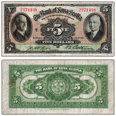 Bank of Nova Scotia 1935 five dollar chartered note, catalog 550-36-02, serial number 2371498, stacked view showing both front and back sides, graded Fine Plus condition.