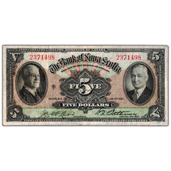 Front view of Bank of Nova Scotia 1935 five dollar chartered banknote, issue number 550-36-02, serial number 2371498, grading Fine+.