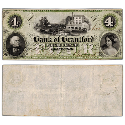 Bank of Brantford 1859 $4 Chartered Note #40-10-04-06 - VF/EF