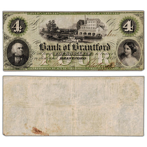 Bank of Brantford 1859 $4 Chartered Note #40-10-04-06 - VF/EF (stain)