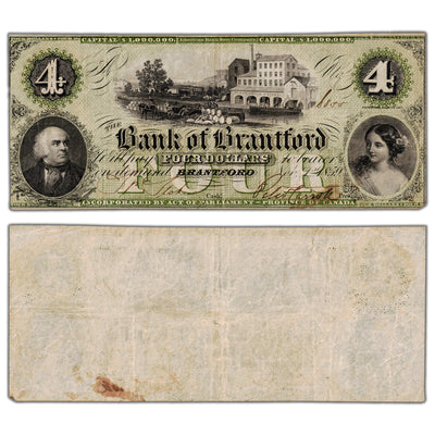 Bank of Brantford 1859 $4 Chartered Note #40-10-04-06 - VF/EF (stain)