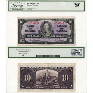 $10 1937 Bank of Canada Note Osborne Signature A/D Prefix BC-24a - Legacy VF-25