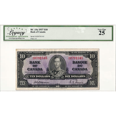 $10 1937 Bank of Canada Note Osborne Signature A/D Prefix BC-24a - Legacy VF-25
