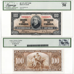 $100 1937 Bank of Canada Note Coyne-Towers B/J Prefix BC-27c - Legacy AU-50