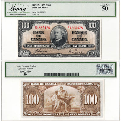 $100 1937 Bank of Canada Note Coyne-Towers B/J Prefix BC-27c - Legacy AU-50