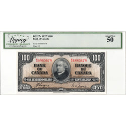 $100 1937 Bank of Canada Note Coyne-Towers B/J Prefix BC-27c - Legacy AU-50