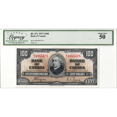$100 1937 Bank of Canada Note Coyne-Towers B/J Prefix BC-27c - Legacy AU-50