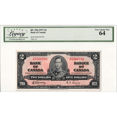 $2 1937 Bank of Canada Note Gordon-Towers Y/B Prefix BC-22b - Legacy UNC-64