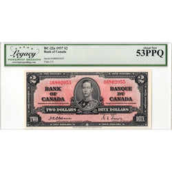 $2 1937 Bank of Canada Note Osborne Signature A/B Prefix BC-22a - Legacy AU-53 PPQ