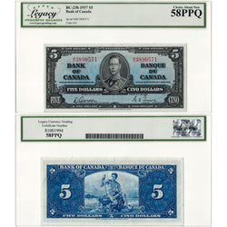 $5 1937 Bank of Canada Note Gordon-Towers M/C Prefix BC-23b - Legacy AU-58 PPQ