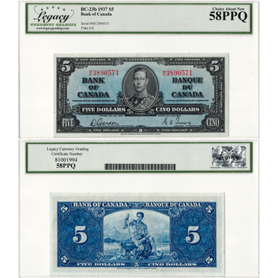 $5 1937 Bank of Canada Note Gordon-Towers M/C Prefix BC-23b - Legacy AU-58 PPQ