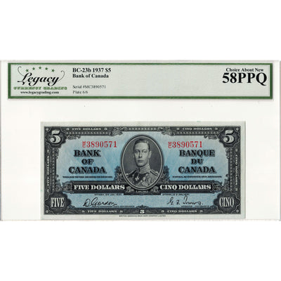 $5 1937 Bank of Canada Note Gordon-Towers M/C Prefix BC-23b - Legacy AU-58 PPQ