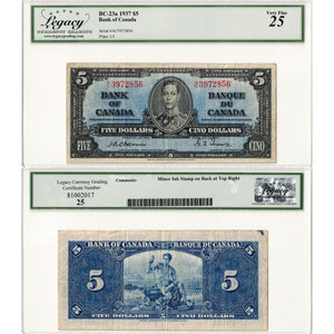$5 1937 Bank of Canada Note Osborne Signature A/C Prefix BC-23a - Legacy VF-25