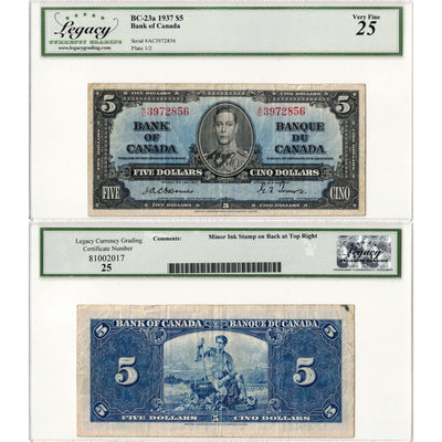 $5 1937 Bank of Canada Note Osborne Signature A/C Prefix BC-23a - Legacy VF-25