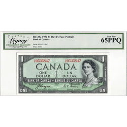 Obverse front view of a 1954 Bank of Canada 1 dollar Devil's Face note, BC-29a H/A prefix, graded Legacy Gem Uncirculated 65 PPQ, serial 0535847, showing Queen Elizabeth II portrait.
