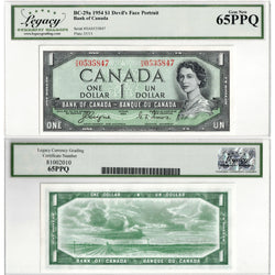Front and back view of a 1954 Bank of Canada 1 dollar Devil's Face banknote, BC-29a with H/A prefix, certified Legacy Gem UNC-65 PPQ, serial number 0535847.