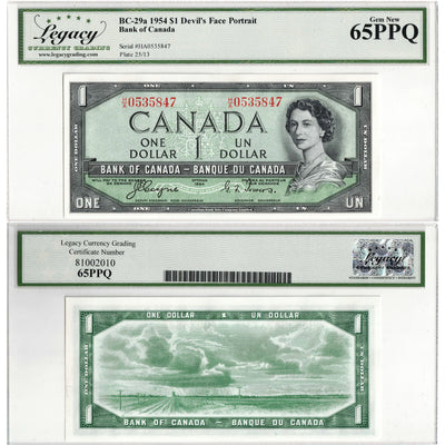 Front and back view of a 1954 Bank of Canada 1 dollar Devil's Face banknote, BC-29a with H/A prefix, certified Legacy Gem UNC-65 PPQ, serial number 0535847.