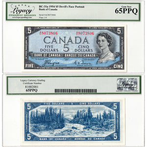 $5 1954 Bank of Canada Note Devil Face A/C Prefix BC-31a - Legacy Gem UNC-65 PPQ