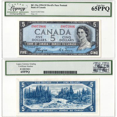 $5 1954 Bank of Canada Note Devil Face A/C Prefix BC-31a - Legacy Gem UNC-65 PPQ