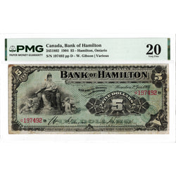Obverse front view of a Bank of Hamilton 1904 5 dollar Chartered banknote, graded PMG Very Fine 20, serial 197492, featuring detailed portrait and central design elements.