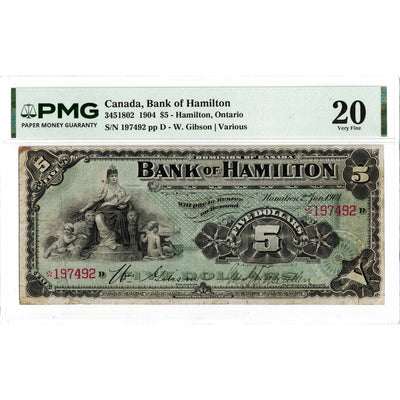 Obverse front view of a Bank of Hamilton 1904 5 dollar Chartered banknote, graded PMG Very Fine 20, serial 197492, featuring detailed portrait and central design elements.