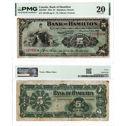 Front and back view of a 1904 Bank of Hamilton 5 dollar Chartered Note, certified PMG VF-20, serial number 197492, showing both sides of the Canadian paper currency.