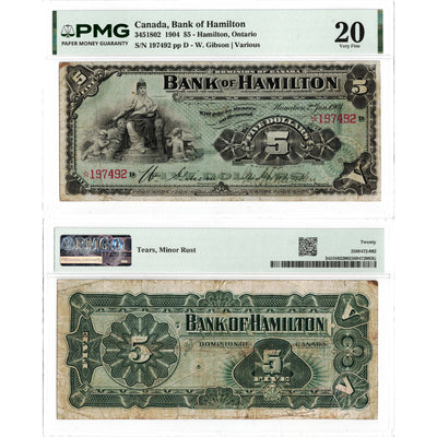 Front and back view of a 1904 Bank of Hamilton 5 dollar Chartered Note, certified PMG VF-20, serial number 197492, showing both sides of the Canadian paper currency.