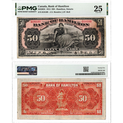 Front and back view of a 1914 Bank of Hamilton 50 dollar chartered banknote, graded PMG VF-25, displayed together in its certified holder.