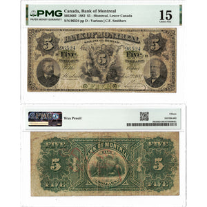 Bank of Montreal 1882 $5 Chartered Note #505-36-02 - PMG F-15