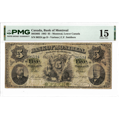 Front face view of an 1882 Bank of Montreal 5 dollar chartered banknote, highlighting the historical design vignettes and PMG F-15 grading details.