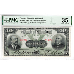 Obverse front view of a Bank of Montreal 1904 10 dollar Chartered banknote, graded PMG Choice Very Fine 35, serial 012992, displaying the detailed allegorical vignettes and signatures.