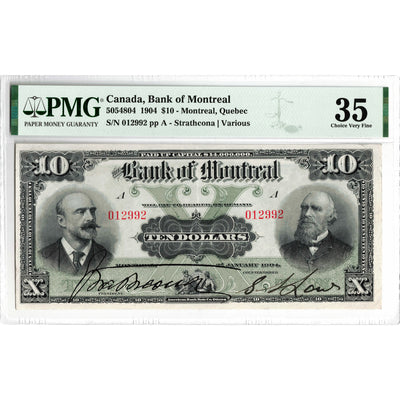 Obverse front view of a Bank of Montreal 1904 10 dollar Chartered banknote, graded PMG Choice Very Fine 35, serial 012992, displaying the detailed allegorical vignettes and signatures.
