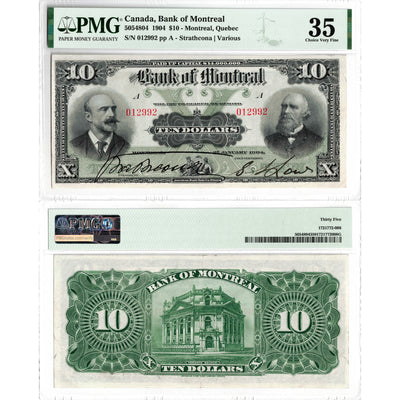 Front and back view of a 1904 Bank of Montreal 10 dollar Chartered Note, certified PMG VF-35, serial number 012992, showing both sides of the rare Canadian currency.
