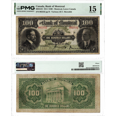 Front and back view of a 1914 Bank of Montreal 100 dollar chartered banknote, graded PMG F-15, displayed together in its certified holder.
