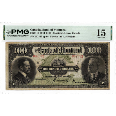 Front face view of a 1914 Bank of Montreal 100 dollar chartered banknote, highlighting the historical design vignettes and PMG F-15 grading details.