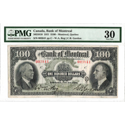 Obverse front view of a Bank of Montreal 1931 100 dollar Chartered banknote, graded PMG Very Fine 30, serial 003841, showcasing the portrait of line engraving and official signatures.