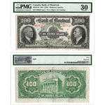 Front and back view of a 1931 Bank of Montreal 100 dollar Chartered Note, certified PMG VF-30, serial number 003841, showing both sides of the rare high-denomination Canadian banknote.