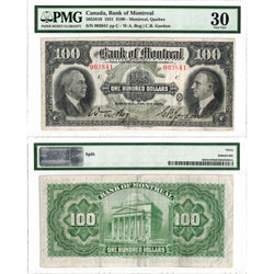 Front and back view of a 1931 Bank of Montreal 100 dollar Chartered Note, certified PMG VF-30, serial number 003841, showing both sides of the rare high-denomination Canadian banknote.