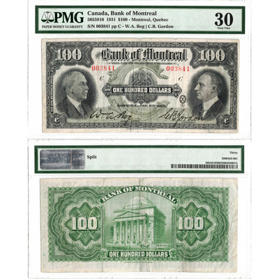 Front and back view of a 1931 Bank of Montreal 100 dollar Chartered Note, certified PMG VF-30, serial number 003841, showing both sides of the rare high-denomination Canadian banknote.
