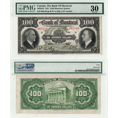 Front and back view of a 1931 Bank of Montreal 100 dollar chartered banknote, graded PMG VF-30, displayed together in its certified holder.