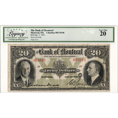 Bank of Montreal 1931 $20 Chartered Note #505-58-06 - Legacy VF-20