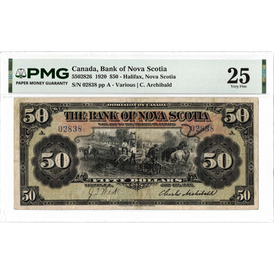 Front face view of a 1920 Bank of Nova Scotia 50 dollar chartered banknote, highlighting the historical design vignettes and PMG VF-25 grading details.