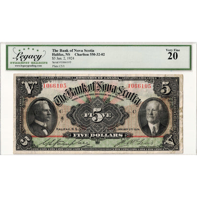 Bank of Nova Scotia 1924 $5 Chartered Note #550-32-02 - Legacy VF-20