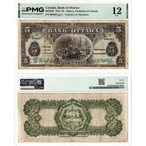 Bank of Ottawa 1912 $5 Chartered Note #565-22-02 - PMG F-12