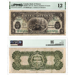 Front and back view of a 1912 Bank of Ottawa 5 dollar chartered banknote, graded PMG F-12, displayed together in its certified holder.